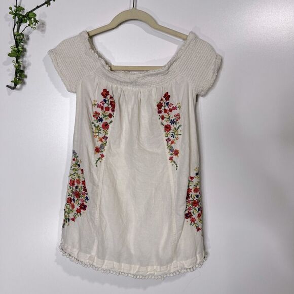 Moulinette Soeurs Anthropologie White Cotton Floral Embroidered Top Pom Tassels - Picture 1 of 10